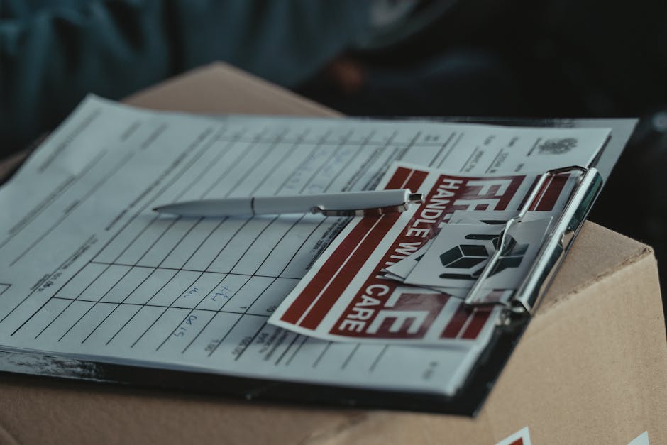 A close-up view of a cardboard box placed outdoors on a paved surface, with a clipboard holding a detailed waste collection form secured by a silver clip. The form contains columns and handwritten entries related to waste documentation, partially covered by a white pen lying horizontally across it. There is a small piece of paper with a black icon next to the clipboard, possibly a logo or instruction sticker. The background includes blurred elements of an outdoor environment, suggesting an area designated for waste collection or disposal. The scene reflects an organized approach to managing waste, aligning with private rubbish removal or site clearance services provided by Waste Clearance Pimlico, suitable for business or commercial waste handling scenarios.
